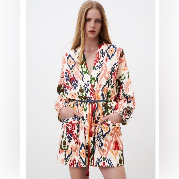 Zara Other - Zara Hanoi Kimono Linen Blend Corded Belt Pockets Long Sleeve Sz Large